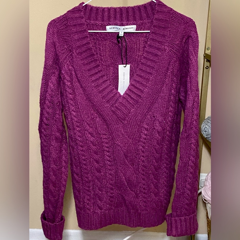 NWT Rebecca Minkoff Women’s ‘Maxine’ Wide V-Neck Sweater | S | Dark Raspberry